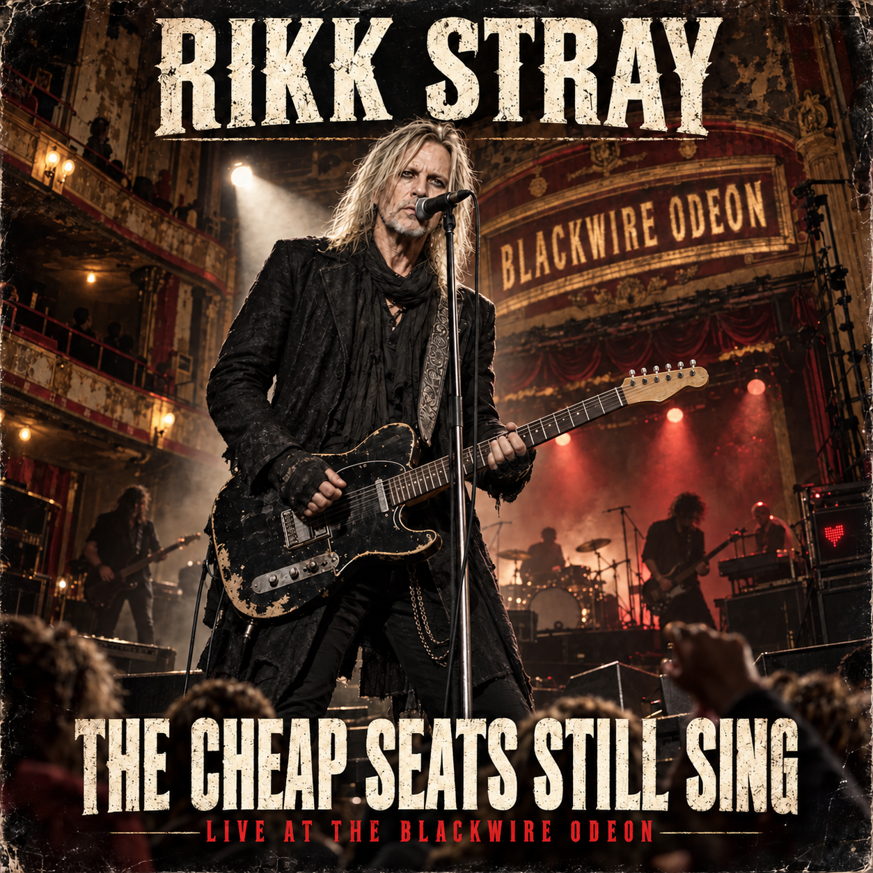 Worn concert poster for Rikk Stray live at the Blackwire Odeon — Rikk on stage with a black Telecaster under warm red and amber lights, headline reading “The Cheap Seats Still Sing”.