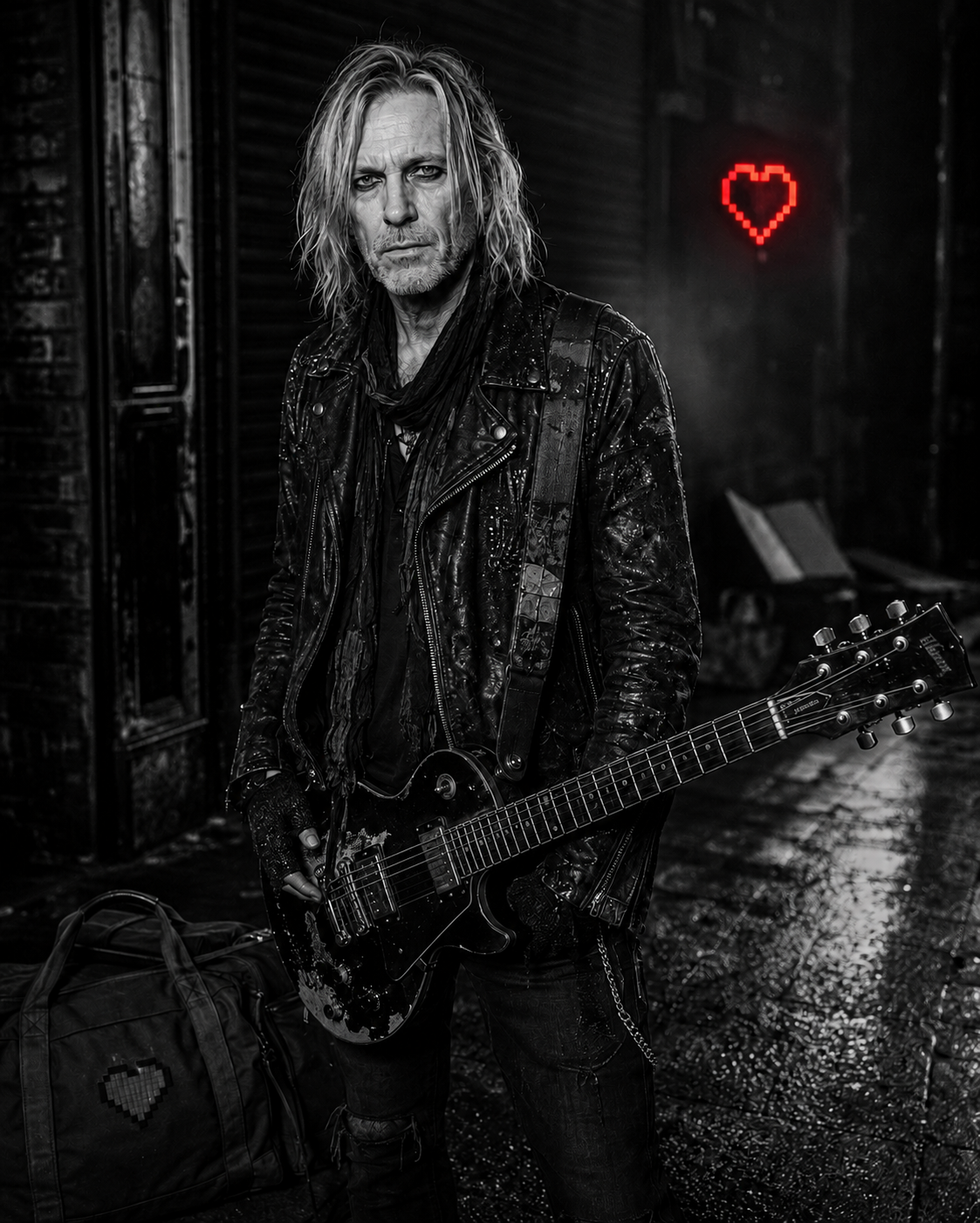 Black-and-white portrait of Rikk Stray holding a worn electric guitar beneath a red pixel-heart sign.